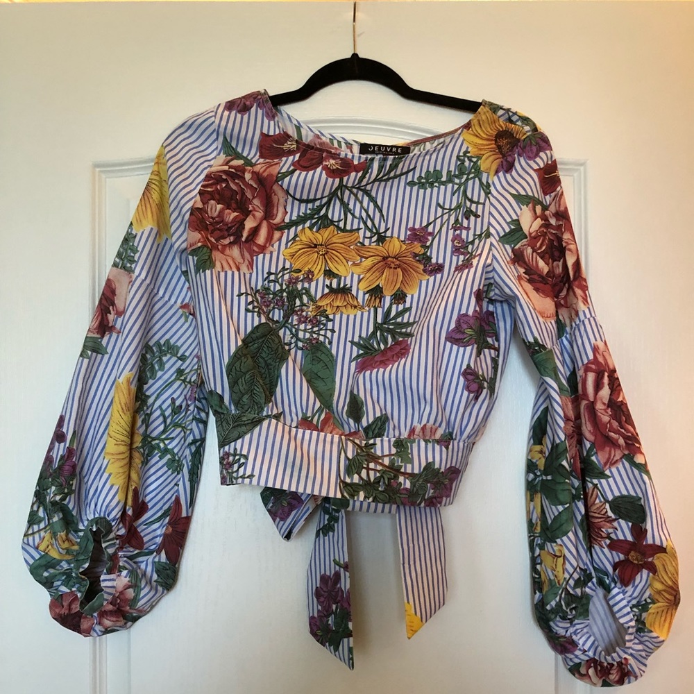 SHEIN Blue & White Stripe Floral Puff Sleeve Top